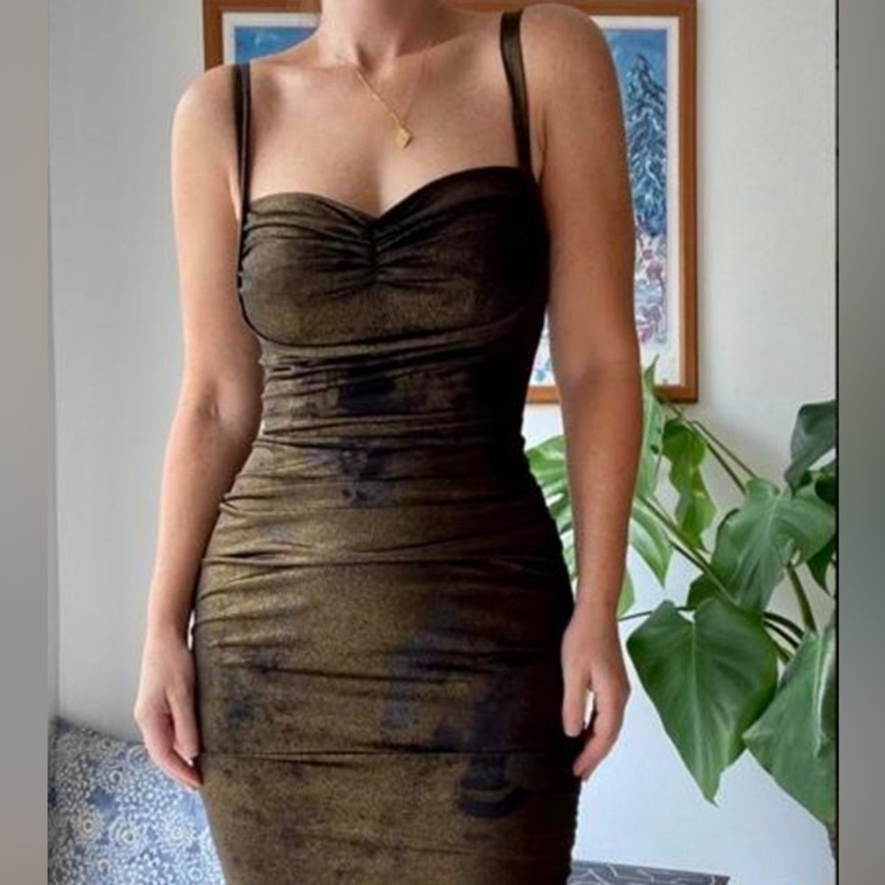 Bettie Page by Tatyana Gold and Black Wiggle Dress Retro Pin Up Size L EUC